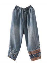 Casual Blue Pockets Elastic Waist Patchwork Denim Crop Pants Summer