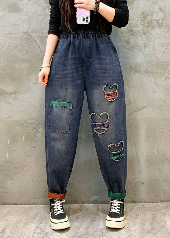 Casual Blue Pockets Patch Elastic Waist Denim Pants Spring