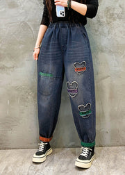 Casual Blue Pockets Patch Elastic Waist Denim Pants Spring