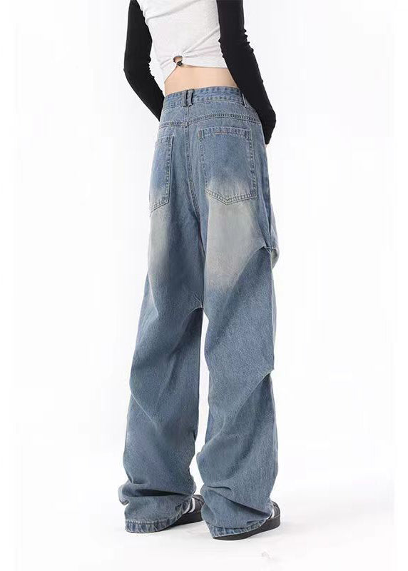 Casual Blue Pockets Wrinkled Denim Wide Leg Pants Spring