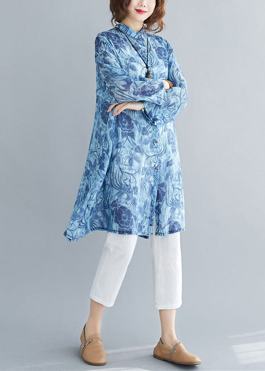 Casual Blue Print Button Patchwork Linen Mid Shirts Dress Spring