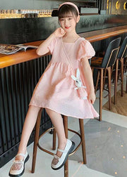 Casual Blue Puff Sleeve Bow Rabbit Cotton Kids Girls Long Dress Summer