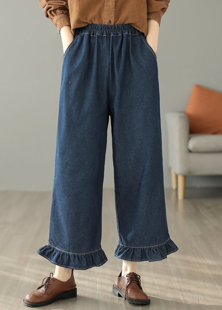 Casual Blue Ruffled Patchwork Pockets Straight Jeans Spring