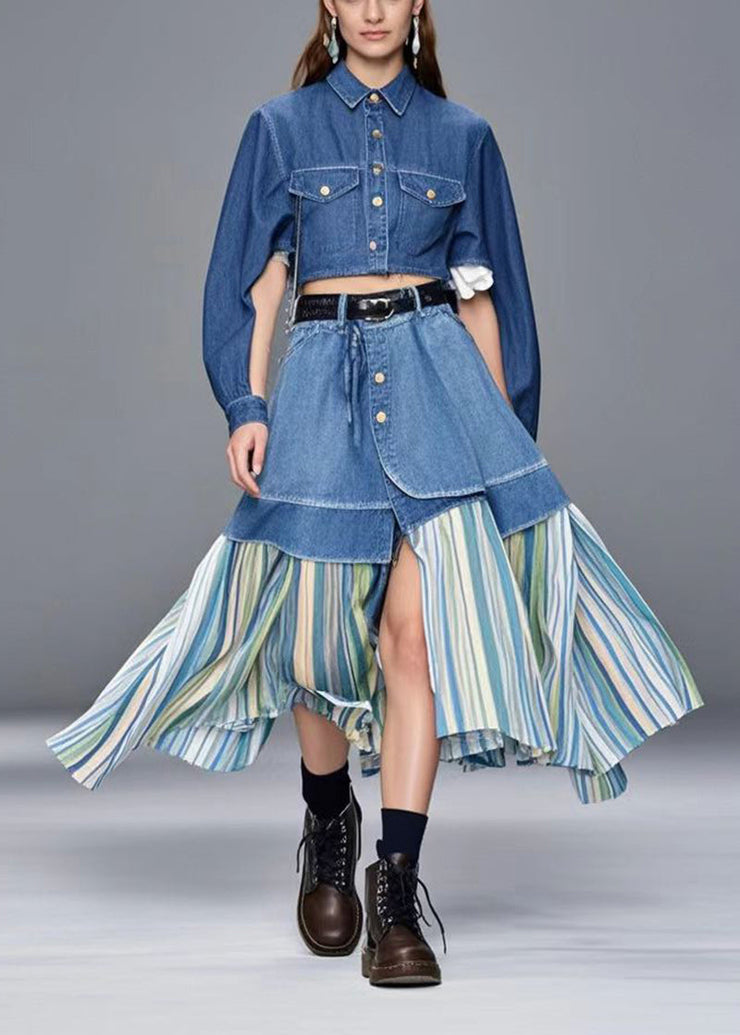 Casual Blue Side Open Patchwork Striped Denim Skirt Spring