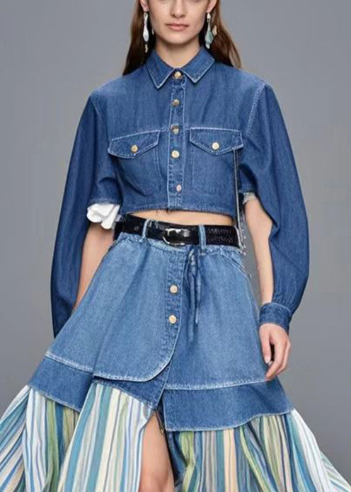 Casual Blue Side Open Patchwork Striped Denim Skirt Spring