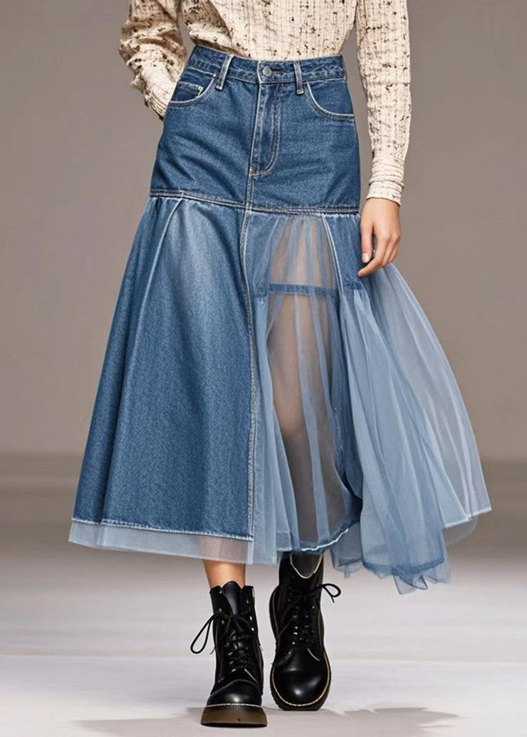 Casual Blue Silm Fit Tulle Patchwork Denim Skirt Spring