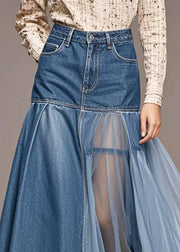 Casual Blue Silm Fit Tulle Patchwork Denim Skirt Spring