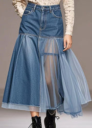 Casual Blue Silm Fit Tulle Patchwork Denim Skirt Spring