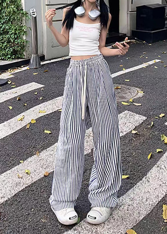 Casual Blue Striped Elastic Waist Cotton Wide Leg Pants Summer