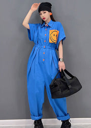 Casual Blue Turn-down Collar Drawstring Smile Applique Button Cotton Overalls Jumpsuit Short Sleeve