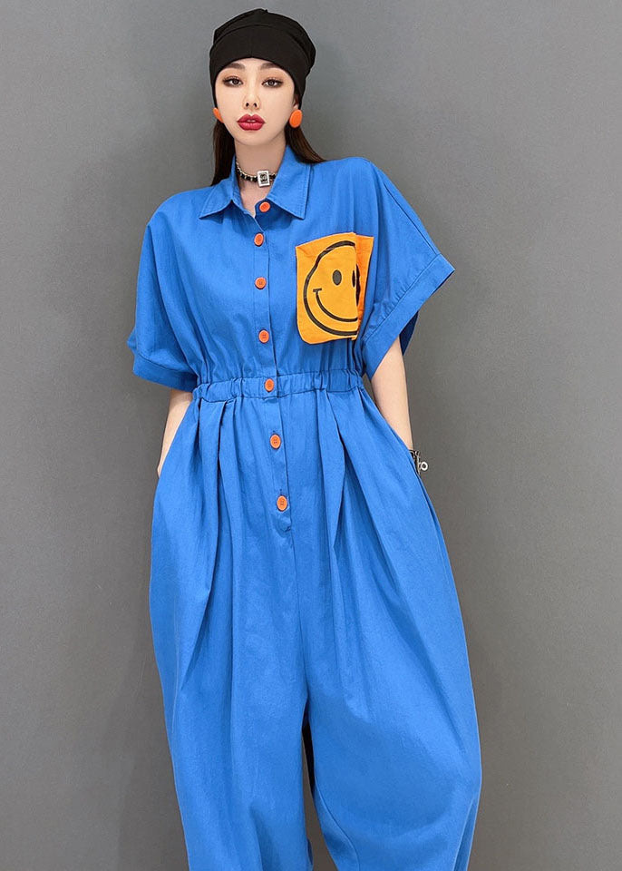 Casual Blue Turn-down Collar Drawstring Smile Applique Button Cotton Overalls Jumpsuit Short Sleeve