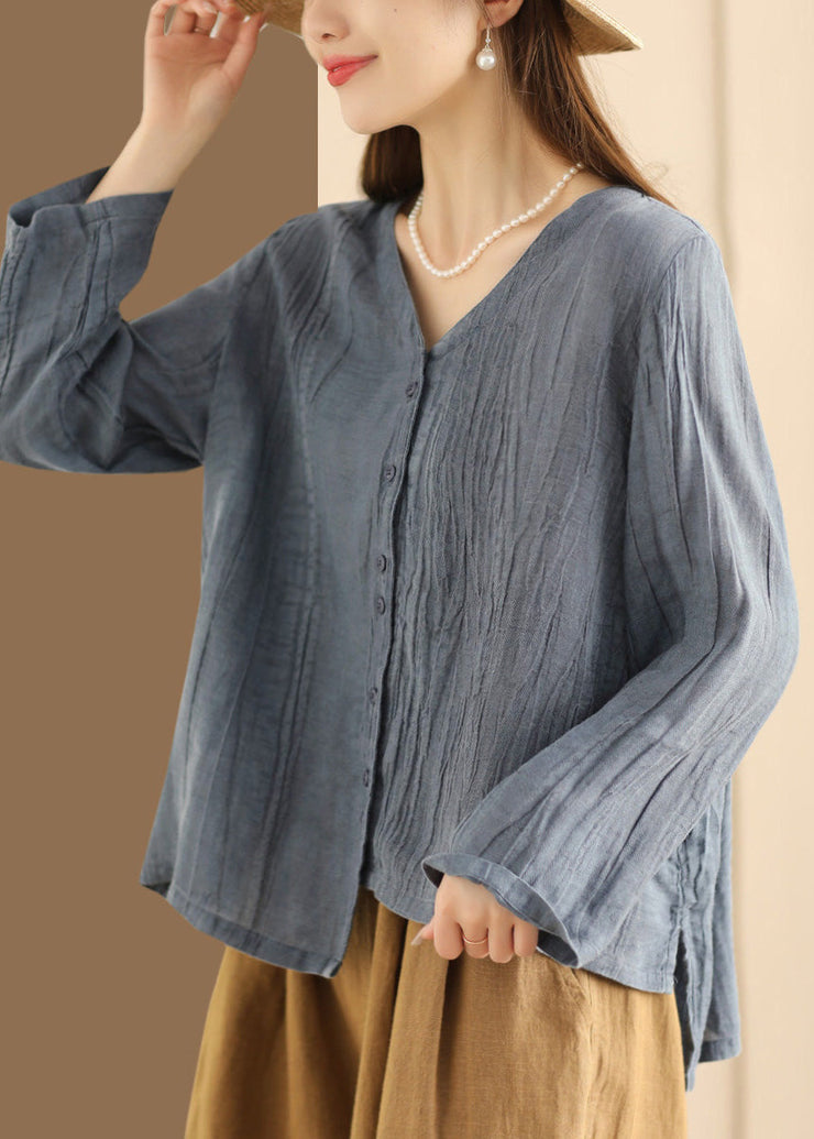 Casual Blue V Neck Button Wrinkled Linen Top Long Sleeve