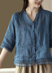 Casual Blue V Neck Embroideried Solid Ramie Shirt Half Sleeve