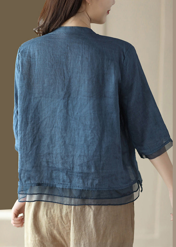 Casual Blue V Neck Embroideried Solid Ramie Shirt Half Sleeve