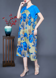 Casual Blue V Neck Patchwork Print Silk Holiday Dress Summer