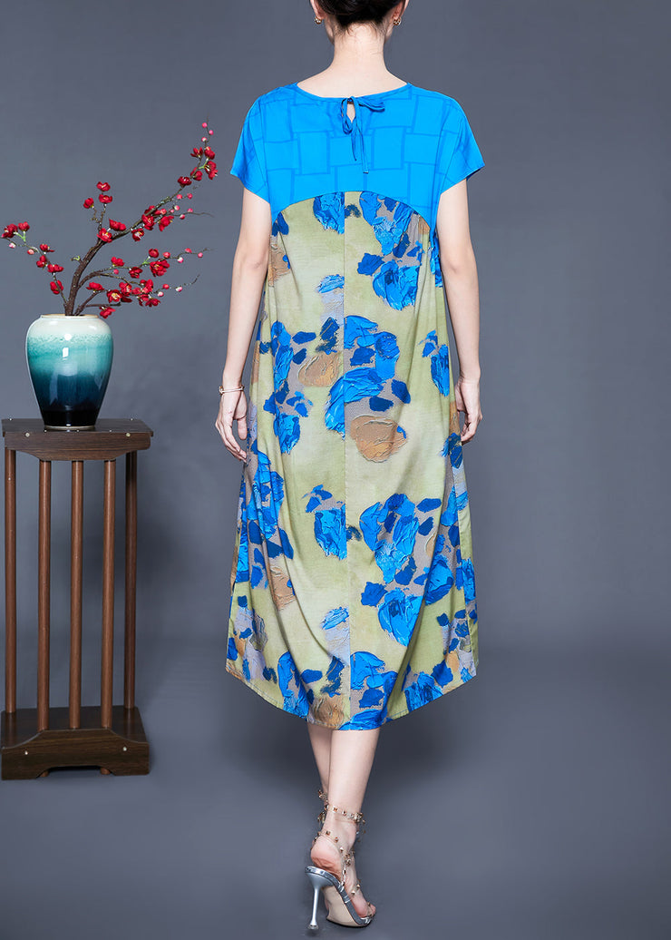 Casual Blue V Neck Patchwork Print Silk Holiday Dress Summer