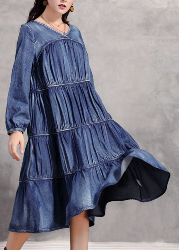 Casual Blue V Neck Wrinkled Patchwork Denim Long Dress Long Sleeve