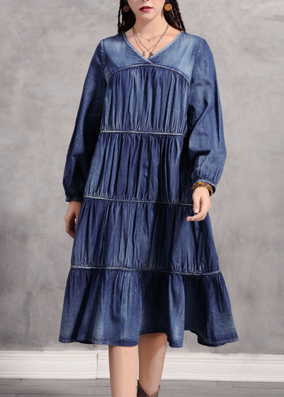 Casual Blue V Neck Wrinkled Patchwork Denim Long Dress Long Sleeve