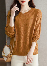 Casual Brick Red O Neck Hollow Out Knitted Tops Fall