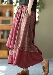 Casual Brick Red Print Asymmetrical Patchwork Cotton Skirt Spring