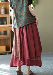 Casual Brick Red Print Asymmetrical Patchwork Cotton Skirt Spring