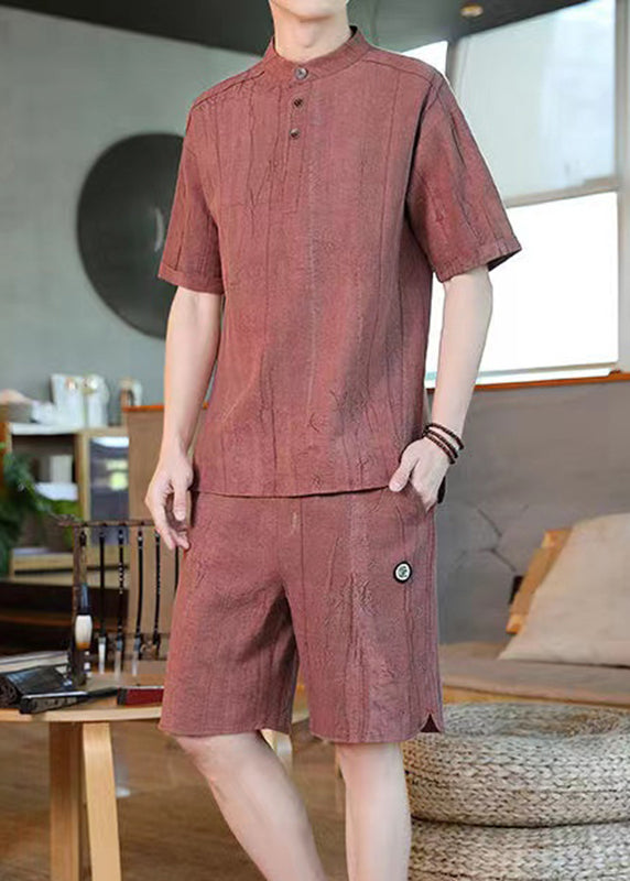 Casual Brick Red Striped Mens T Shirt And Shorts Two Pieces Set Summer