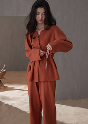 Casual Brick Red V Neck Tie Waist Cotton Pajamas Two Pieces Set Spring