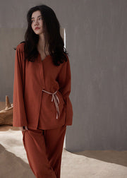 Casual Brick Red V Neck Tie Waist Cotton Pajamas Two Pieces Set Spring