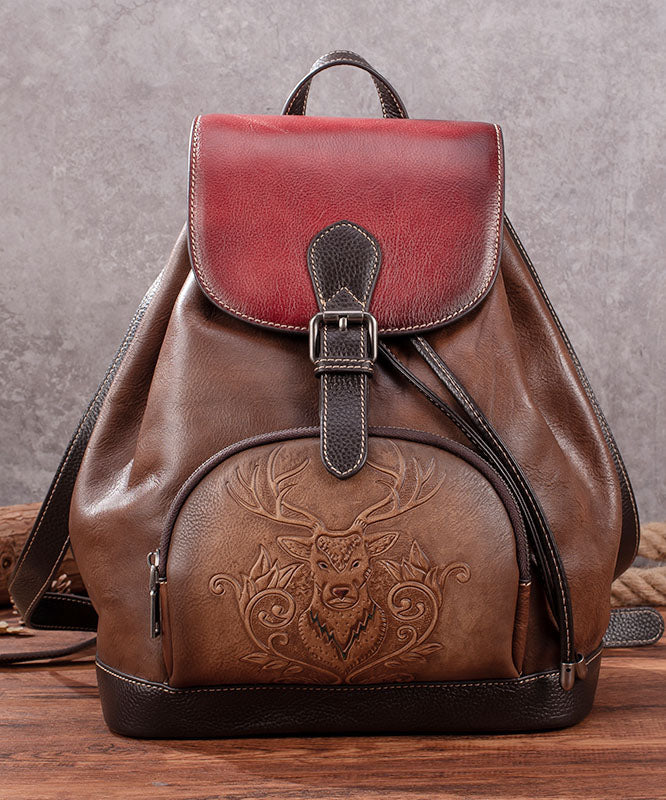 Casual Brown Animal Jacquard Calf Leather Backpack Bag