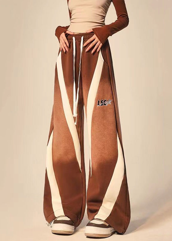 Casual Brown Pockets Patchwork Elastic Waist Warm Fleece Wide Leg Pants Spring