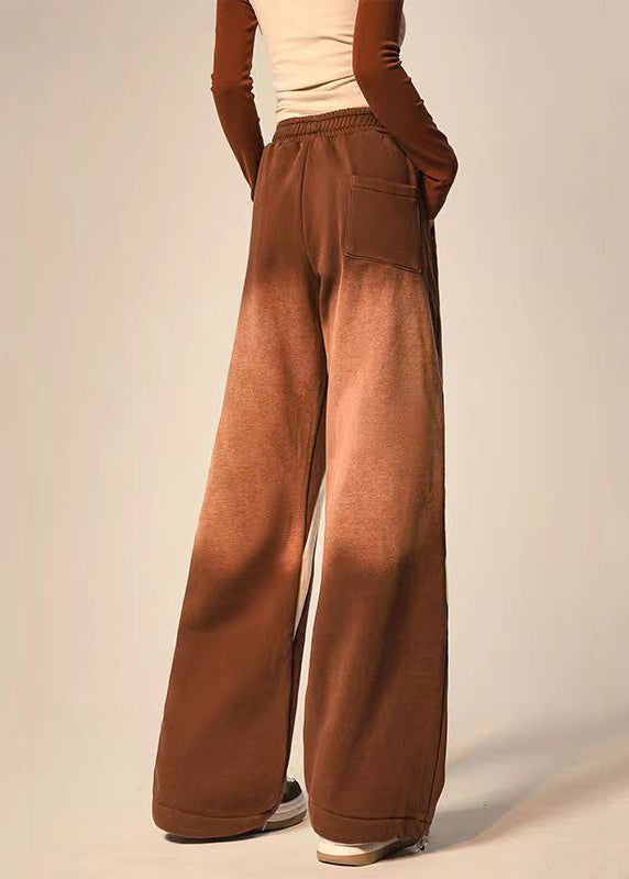 Casual Brown Pockets Patchwork Elastic Waist Warm Fleece Wide Leg Pants Spring