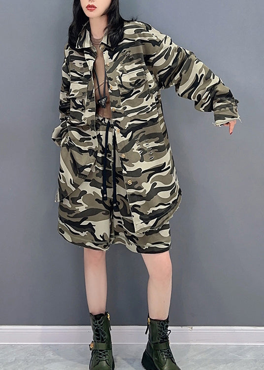 Casual Camouflage Peter Pan Collar Zippered Print Coats And Shorts Two Pieces Set Spring