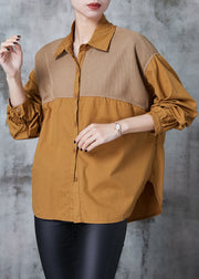 Casual Caramel Oversized Patchwork Cotton Shirts Fall