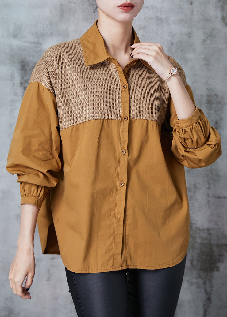 Casual Caramel Oversized Patchwork Cotton Shirts Fall