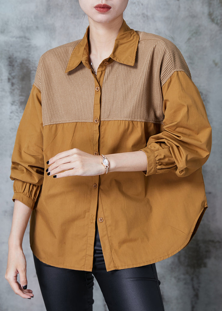 Casual Caramel Oversized Patchwork Cotton Shirts Fall