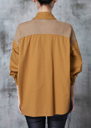 Casual Caramel Oversized Patchwork Cotton Shirts Fall