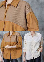 Casual Caramel Oversized Patchwork Cotton Shirts Fall