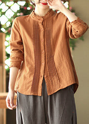 Casual Caramel Stand Collar Button Cotton Shirt Long Sleeve