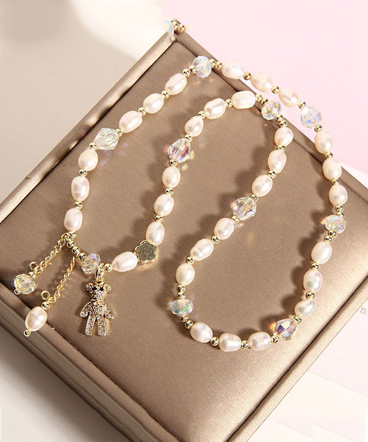 Casual Champagne Alloy Inlaid Pearl Gem Stone Little Bear Charm Bracelet