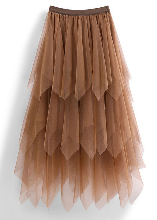 Casual Chocolate Asymmetric Design Elastic Waist Tulle Skirts Spring