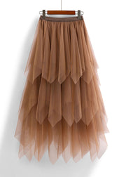 Casual Chocolate Asymmetric Design Elastic Waist Tulle Skirts Spring