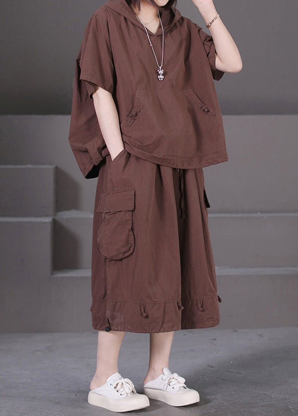 Casual Coffee Hooded Pockets Patchwork Cotton Two Pieces Set Summer