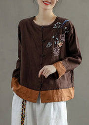 Casual Chocolate O-Neck Embroideried Patchwork Linen Shirt Tops Long Sleeve