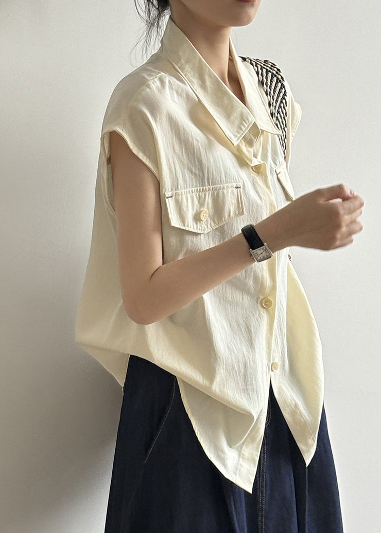 Casual Coffee Peter Pan Collar Button Cotton Shirt Tops Summer