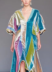 Casual Colorblock Asymmetrical Side Open Silk Velvet Long Dress Fall