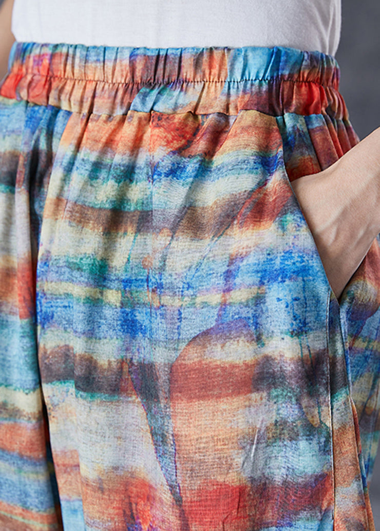 Casual Colorblock Elastic Waist Tie Dye Linen Pants Summer