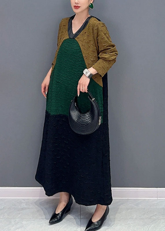 Casual Colorblock O-Neck Long Dresses Fall