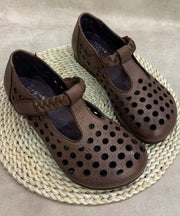 Casual Comfy Coffee Flat Shoes Hollow Out Cowhide Leather