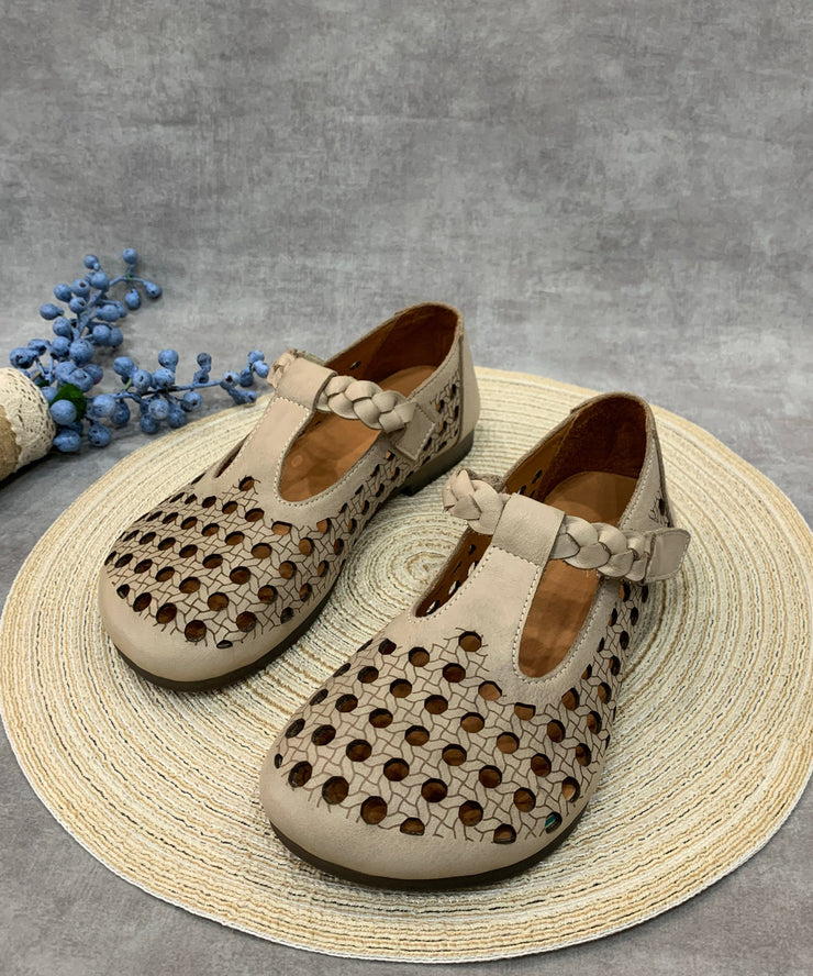 Casual Comfy Coffee Flat Shoes Hollow Out Cowhide Leather