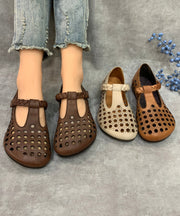 Casual Comfy Coffee Flat Shoes Hollow Out Cowhide Leather